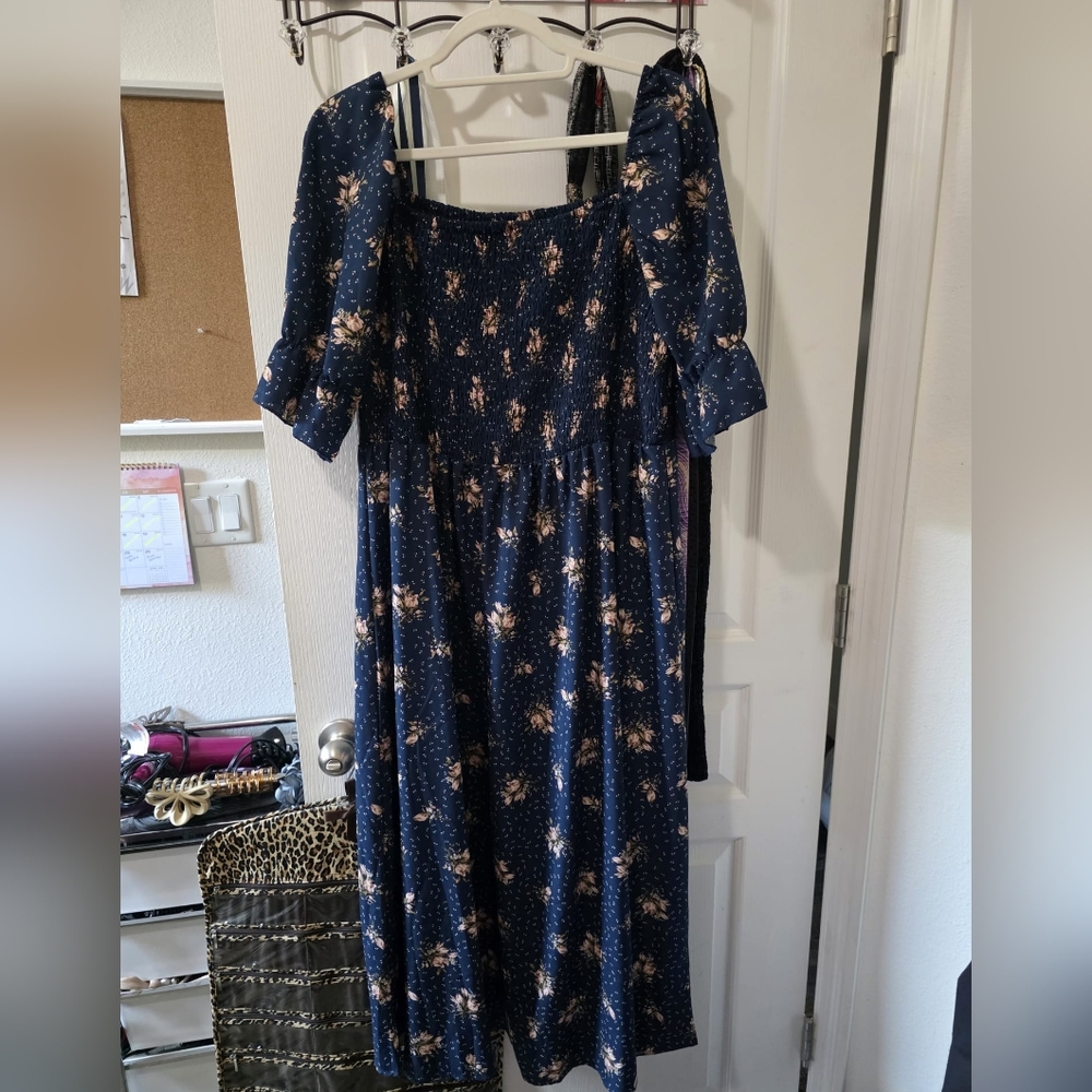 SHEIN Navy Floral Square Neck Puff Sleeve Long Dress